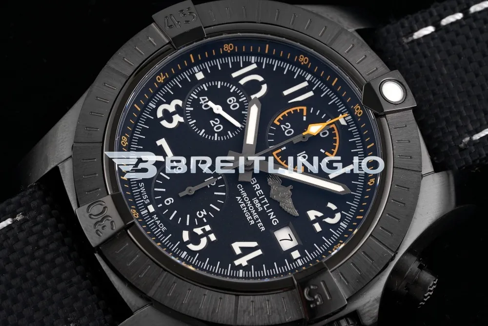Breitling Avenger V13317101B1X2 Chronograph 45mm Black Dial Black DLC Case Black Fabric Strap 7750 Automatic Replica Dial Detail 1