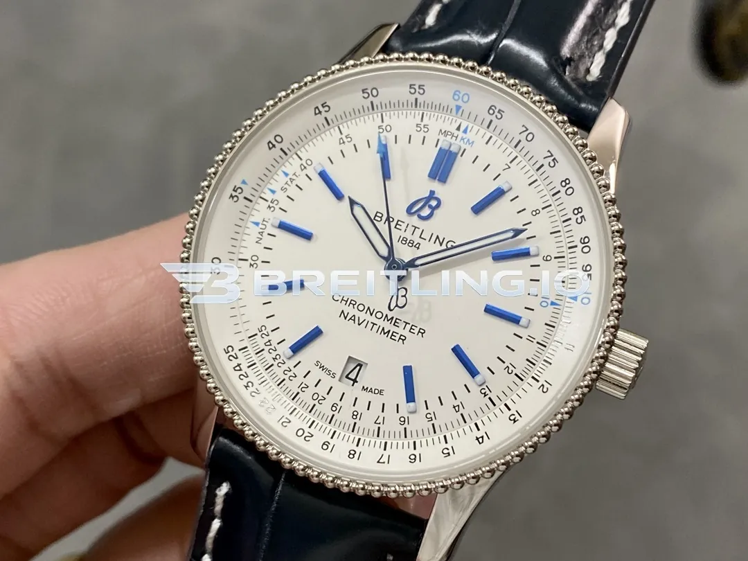 Breitling Navitimer A173263A1G1P1 41mm Cream Dial Silver Beaded Bezel Blue Indexes Blue Leather Strap 2824 Automatic Replica Side View 2