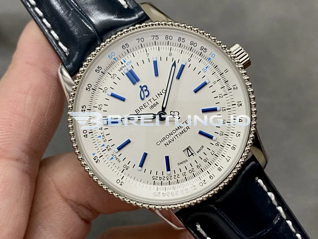 Breitling Navitimer A173263A1G1P1 41mm Cream Dial Silver Beaded Bezel Blue Indexes Blue Leather Strap 2824 Automatic Replica Side View 1