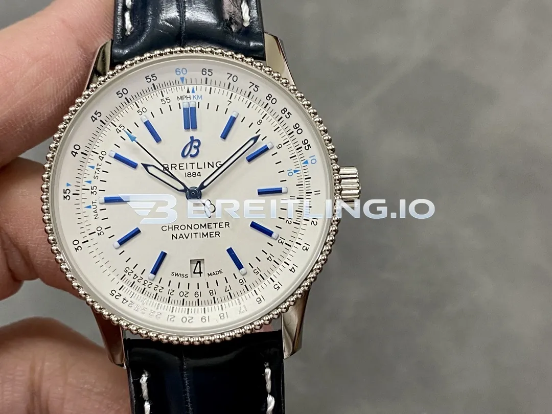 Breitling Navitimer A173263A1G1P1 41mm Cream Dial Silver Beaded Bezel Blue Indexes Blue Leather Strap 2824 Automatic Replica Front View