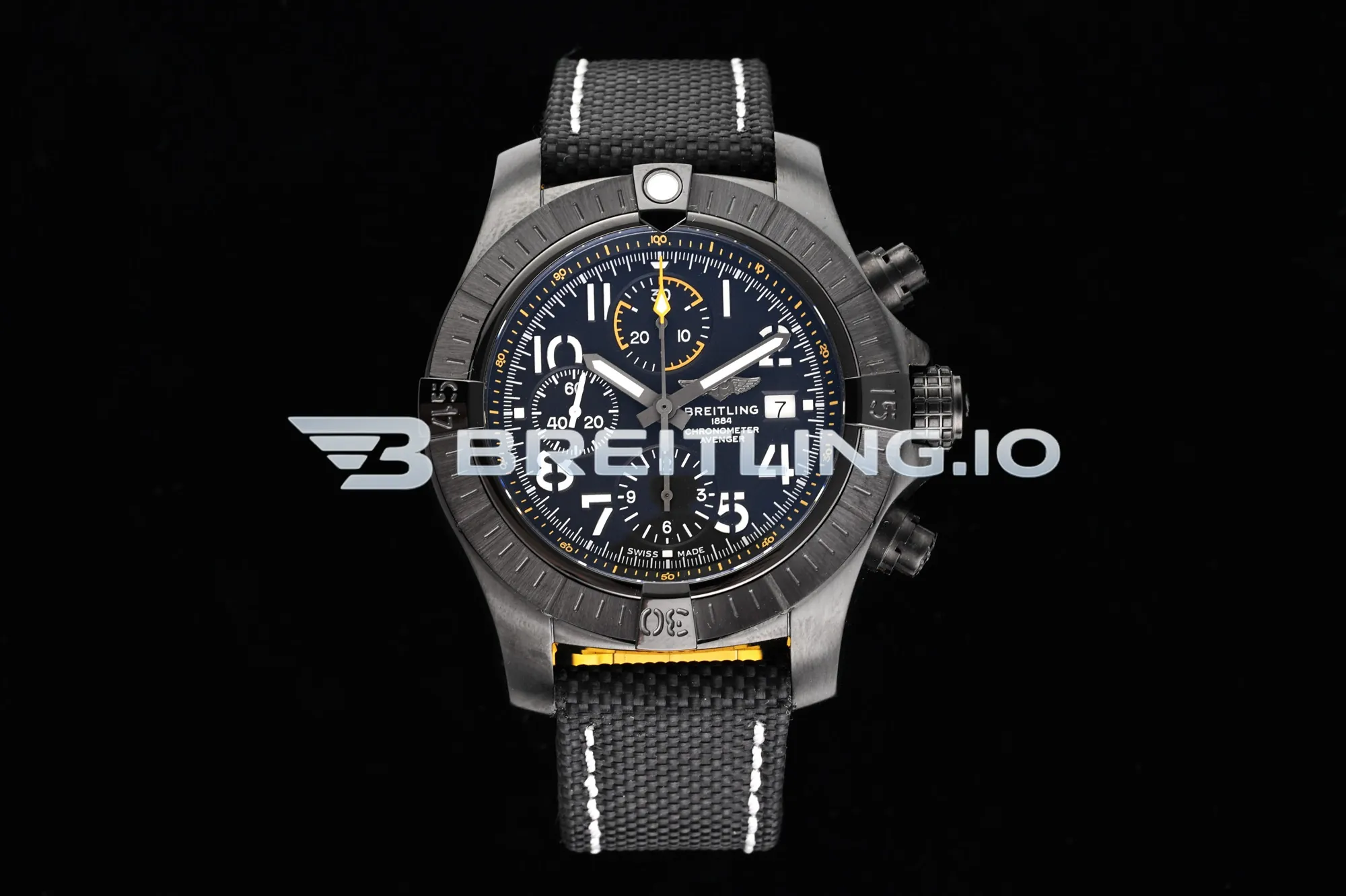 Breitling Avenger V13317101B1X2 Chronograph 45mm Black Dial Black DLC Case Black Fabric Strap 7750 Automatic Replica Front View