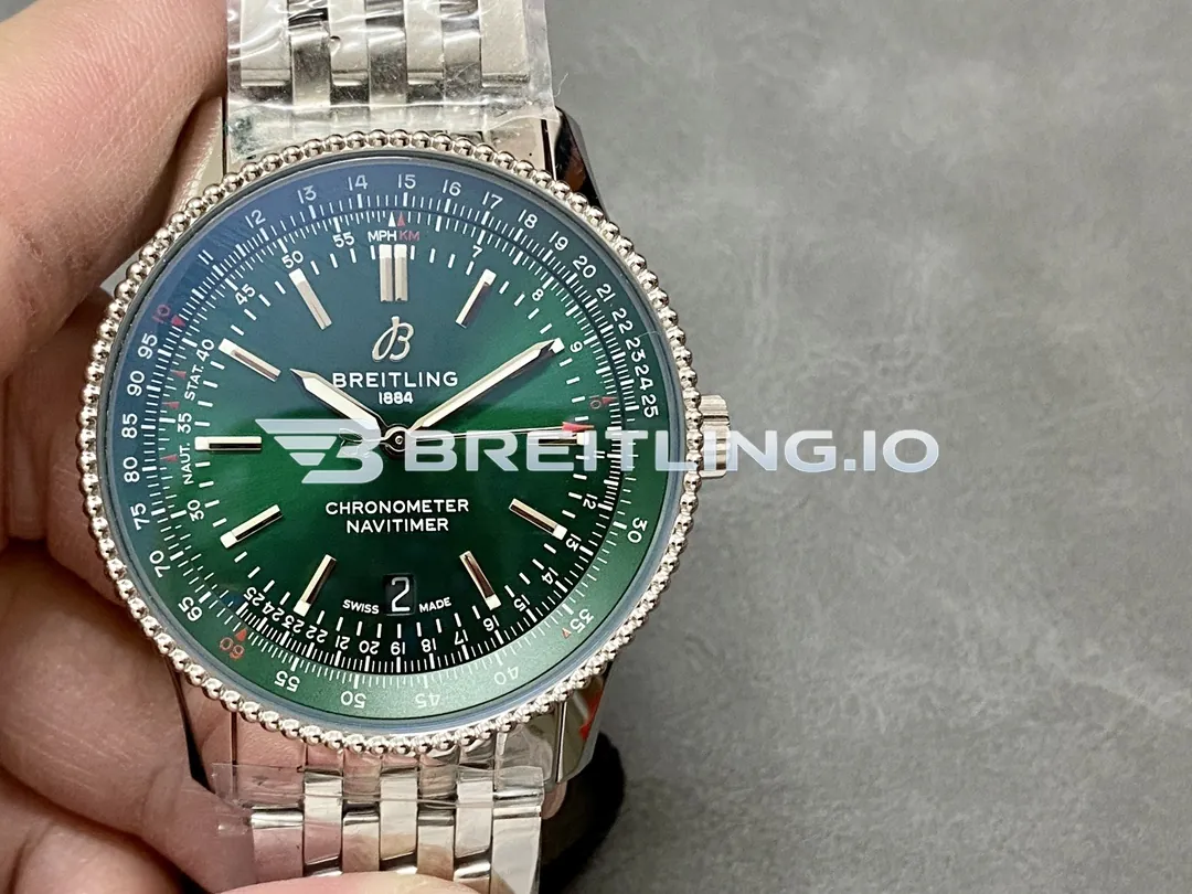 Breitling Navitimer A17326361L1A1 41mm Deep Green Sunburst Dial Silver Beaded Bezel Stainless Steel Bracelet 2824 Automatic Replica Front View