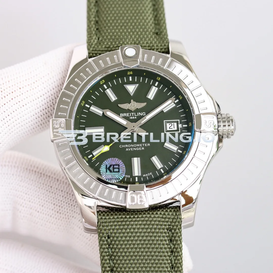 Breitling Avenger A17318101L1X1 43mm Military Green Dial Silver Grooved Bezel GMT 2824 Movement Replica Front View