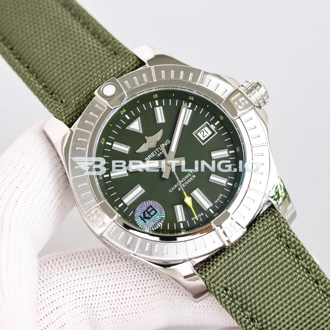 Breitling Avenger A17318101L1X1 43mm Military Green Dial Silver Grooved Bezel GMT 2824 Movement Replica Side View 1