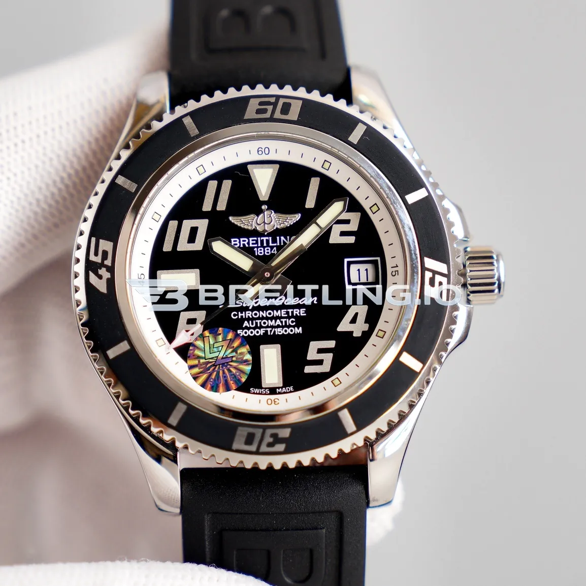 Breitling Superocean A1736402BA29 42mm Black Dial White Inner Bezel 316L Polished Steel Case Black Rubber Strap Automatic Super Clone Front View