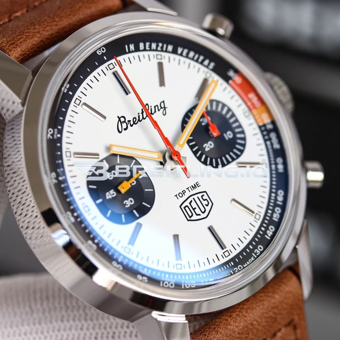 Breitling Premier Top Time Deus A233101A1A1X1 41mm White Zorro Dial Polished Stainless Steel Case Brown Leather Strap Replica Dial Detail 1