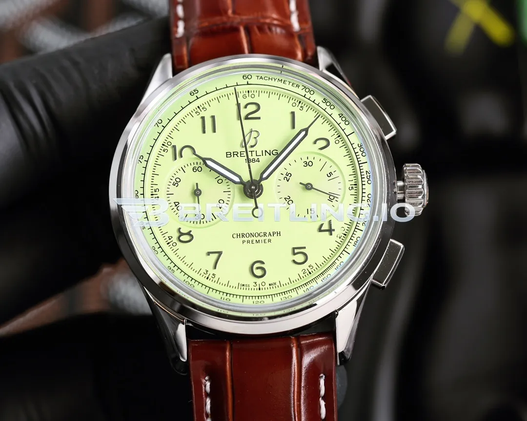 Breitling Premier Chronograph Pistachio AB0930D31L1P1 42mm Pistachio Green Dial Polished Stainless Steel Case Brown Leather Strap Replica Front View