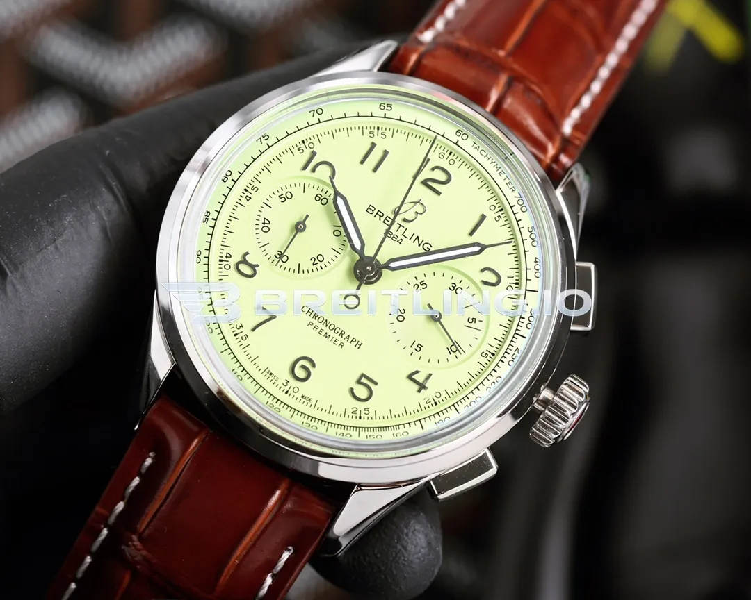 Breitling Premier Chronograph Pistachio AB0930D31L1P1 42mm Pistachio Green Dial Polished Stainless Steel Case Brown Leather Strap Replica Side View 2