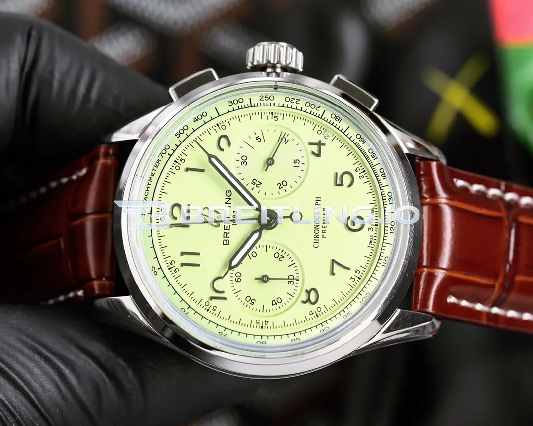 Breitling Premier Chronograph Pistachio AB0930D31L1P1 42mm Pistachio Green Dial Polished Stainless Steel Case Brown Leather Strap Replica Side View 1