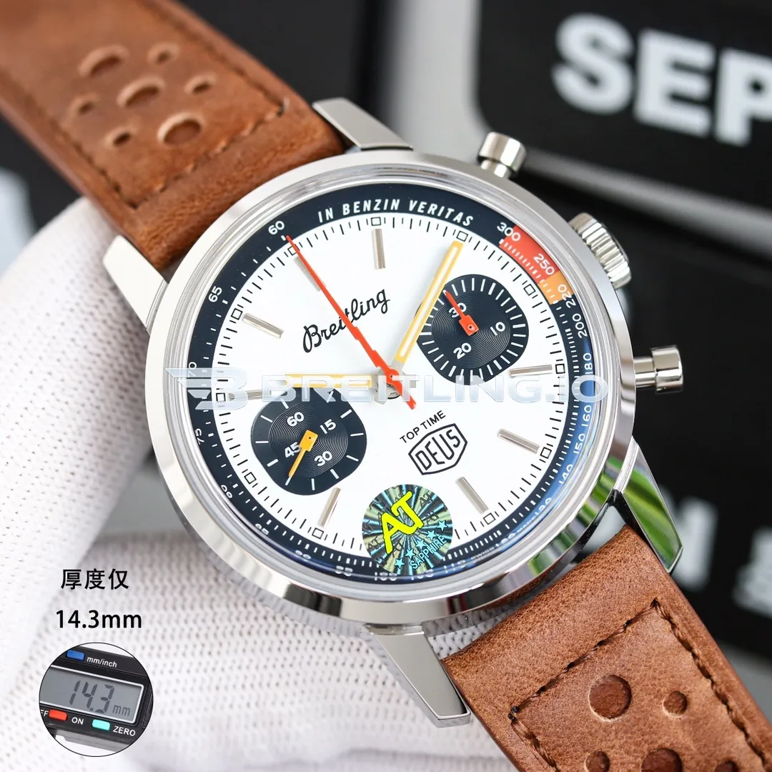 Breitling Premier Top Time Deus A233101A1A1X1 41mm White Zorro Dial Polished Stainless Steel Case Brown Leather Strap Replica Side View 1