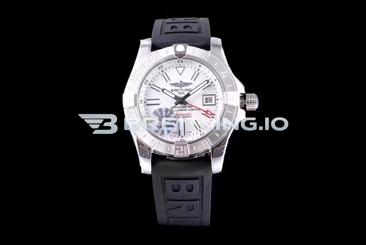 Breitling Avenger II GMT A3239011/G778 43mm White Dial 316L Stainless Steel Case Black Rubber Strap Replica Front View