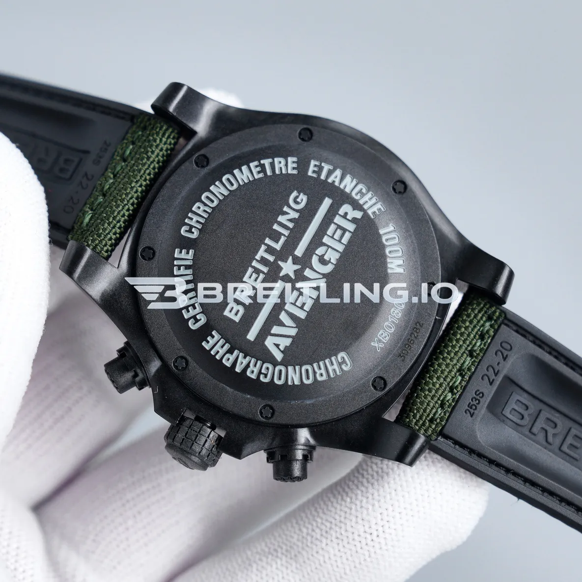 Breitling Avenger XB12101A/BF46-283S Chronograph 45mm Black Dial Breitlight Case Green Fabric Strap Automatic Replica Back View