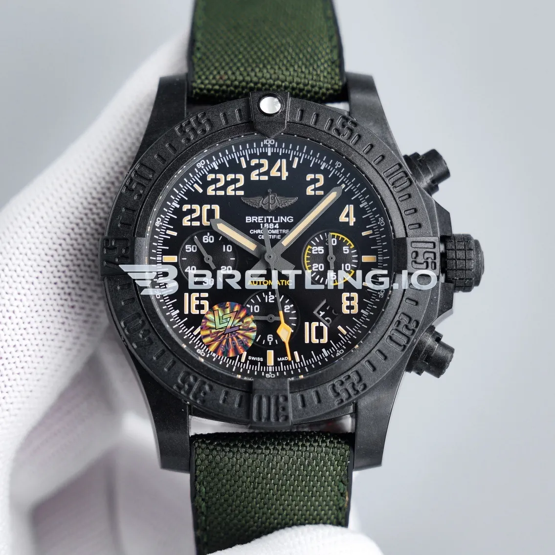 Breitling Avenger XB12101A/BF46-283S Chronograph 45mm Black Dial Breitlight Case Green Fabric Strap Automatic Replica Front View