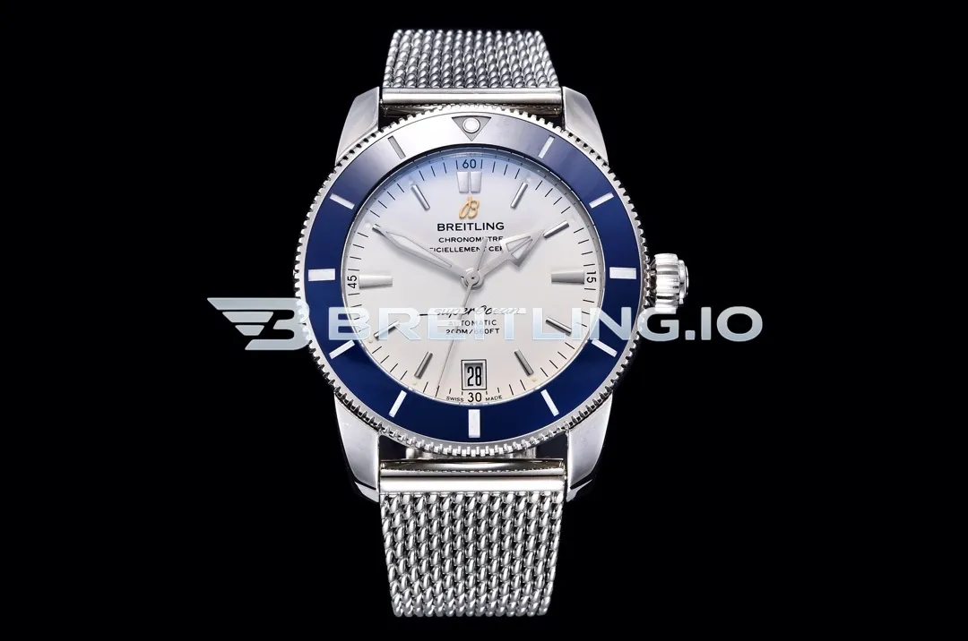 Breitling Superocean Heritage II AB201016G827154A 42mm Silver Dial Blue Ceramic Bezel Stainless Steel Milanese Bracelet Replica Front View