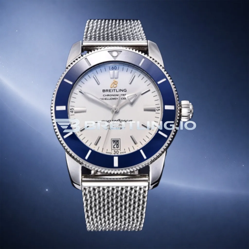 Breitling Superocean Heritage II AB201016G827154A 42mm Silver Dial Blue Ceramic Bezel Stainless Steel Milanese Bracelet Replica First Image
