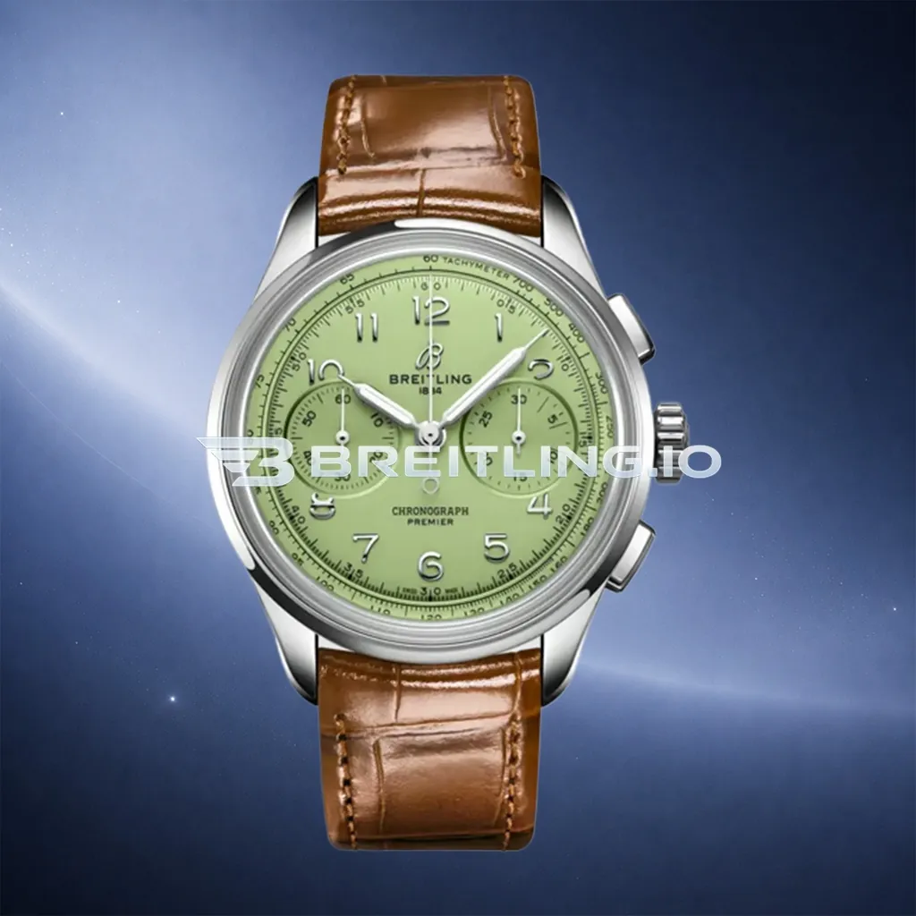 Breitling Premier Chronograph Pistachio AB0930D31L1P1 42mm Pistachio Green Dial Polished Stainless Steel Case Brown Leather Strap Replica First Image