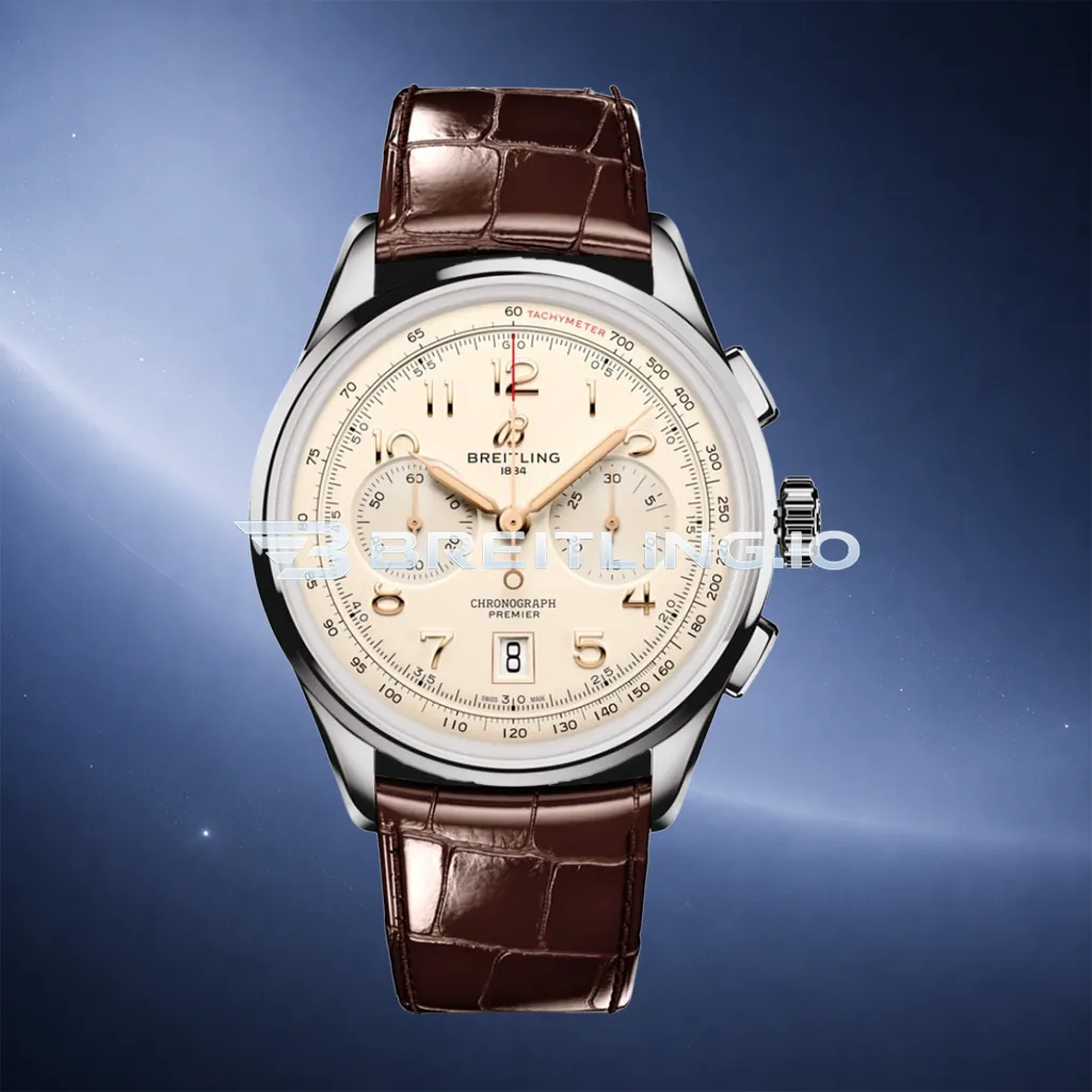 Breitling Premier AB0145211G1P2 Chronograph 42mm Cream Dial Polished Silver Bezel Brown Leather Strap Automatic Replica First Image