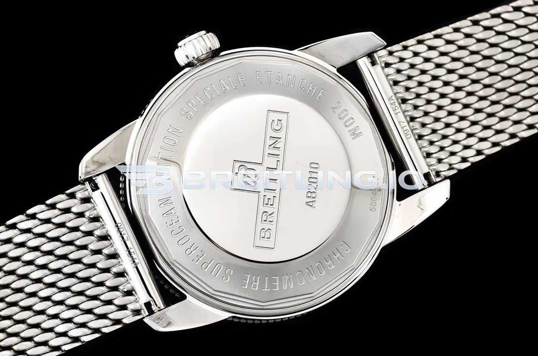 Breitling Superocean Heritage II AB201016G827154A 42mm Silver Dial Blue Ceramic Bezel Stainless Steel Milanese Bracelet Replica Back View 1