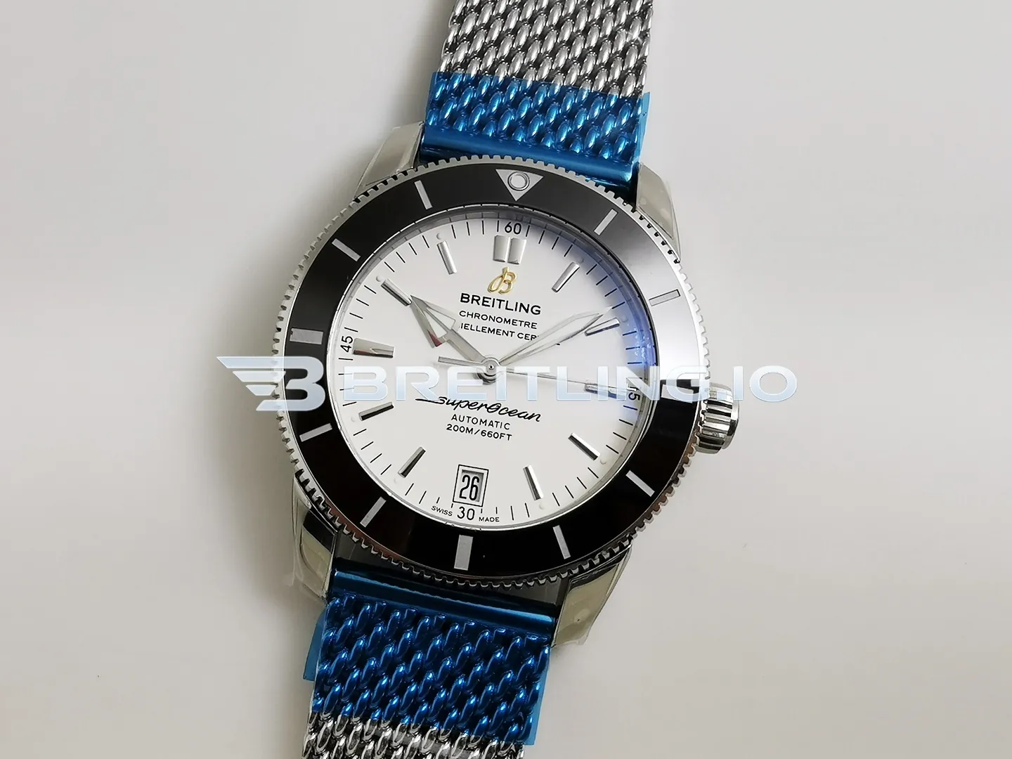 Breitling Superocean Heritage II AB201012/G827-154A 42mm White Dial Black Ceramic Bezel Stainless Steel Milanese Bracelet Super Clone Side View