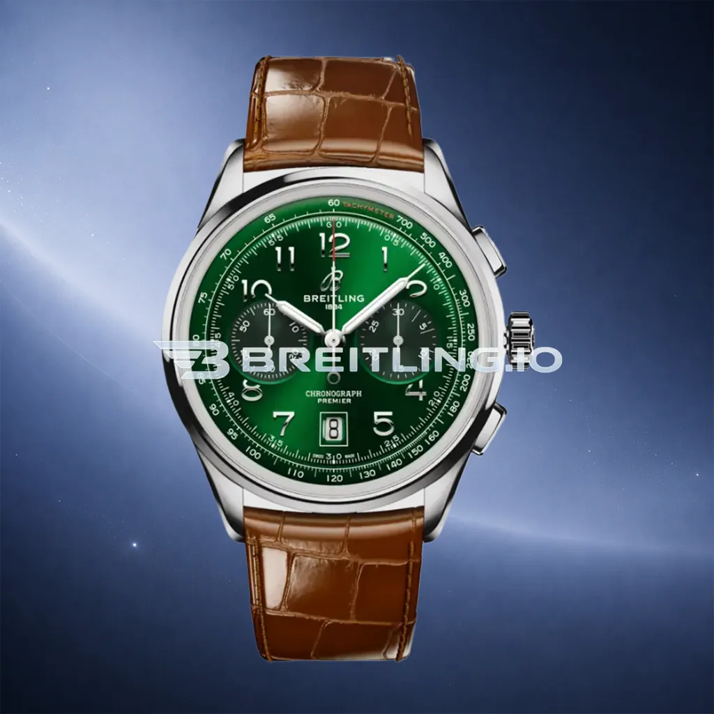 Breitling Premier AB0145371L1P1 Chronograph 42mm Green Sunburst Dial Polished Silver Bezel Brown Leather Strap Automatic Replica First Image