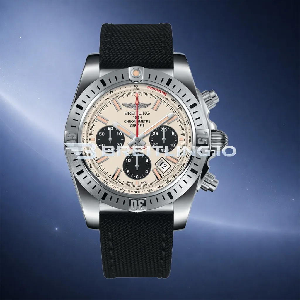 Breitling Chronomat AB01154GG786101W Chronograph 44mm Sierra Silver Dial Polished Stainless Steel Case Black Fabric Strap Replica First Image