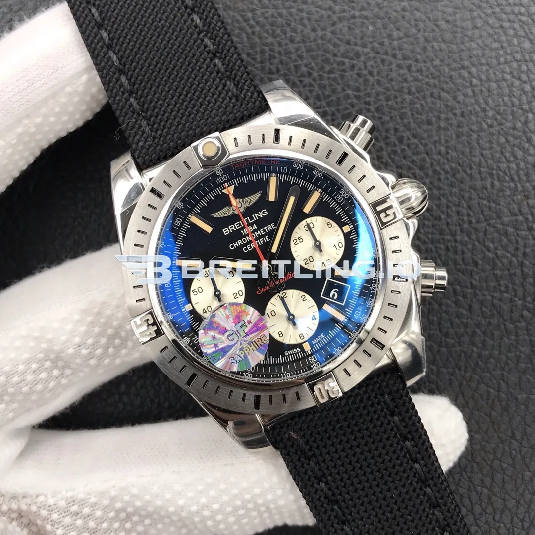 Breitling Chronomat AB01154GBD13101W Chronograph 44mm Black Dial Polished Stainless Steel Case Black Fabric Strap Super Clone Side View 1