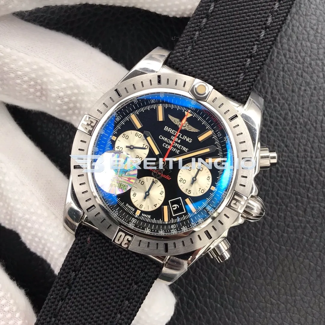 Breitling Chronomat AB01154GBD13101W Chronograph 44mm Black Dial Polished Stainless Steel Case Black Fabric Strap Super Clone Side View 2