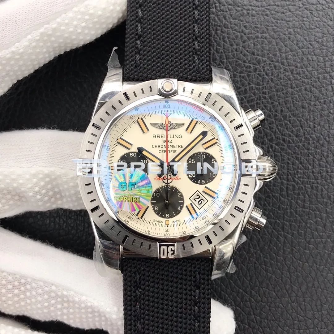Breitling Chronomat AB01154GG786101W Chronograph 44mm Sierra Silver Dial Polished Stainless Steel Case Black Fabric Strap Replica Front View