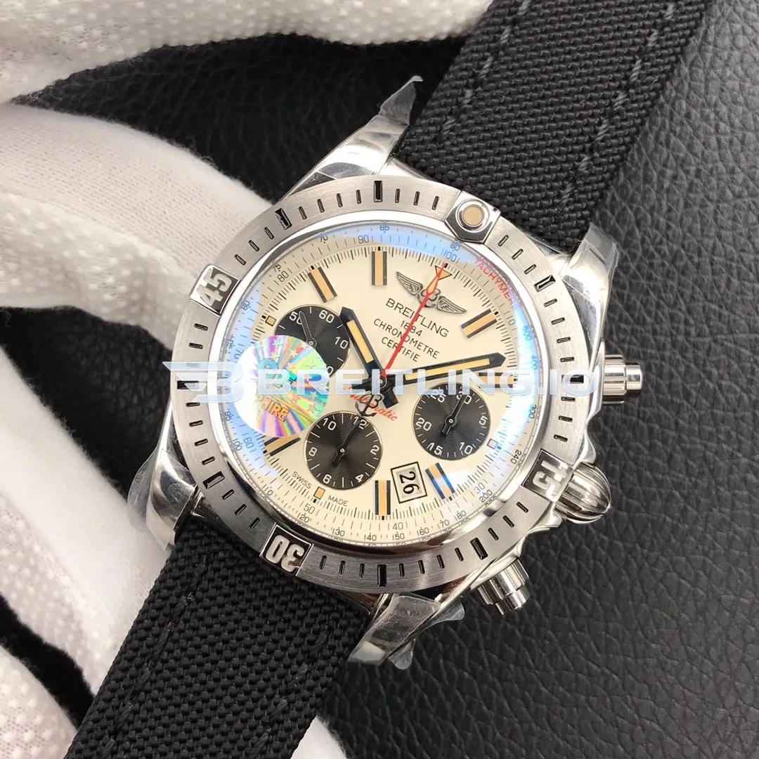 Breitling Chronomat AB01154GG786101W Chronograph 44mm Sierra Silver Dial Polished Stainless Steel Case Black Fabric Strap Replica Side View 2