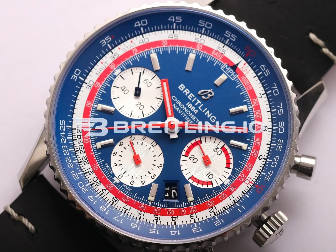 Breitling Navitimer B01 Chronograph 43 AB01212B1C1X1 Blue Dial Red & White Scale Pan Am Airlines Replica Dial Detail 2