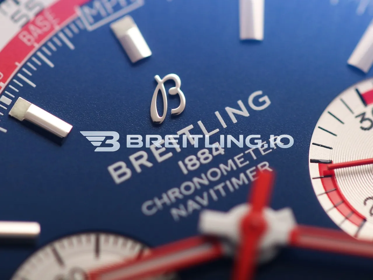 Breitling Navitimer B01 Chronograph 43 AB01212B1C1X1 Blue Dial Red & White Scale Pan Am Airlines Replica Dial Detail 4