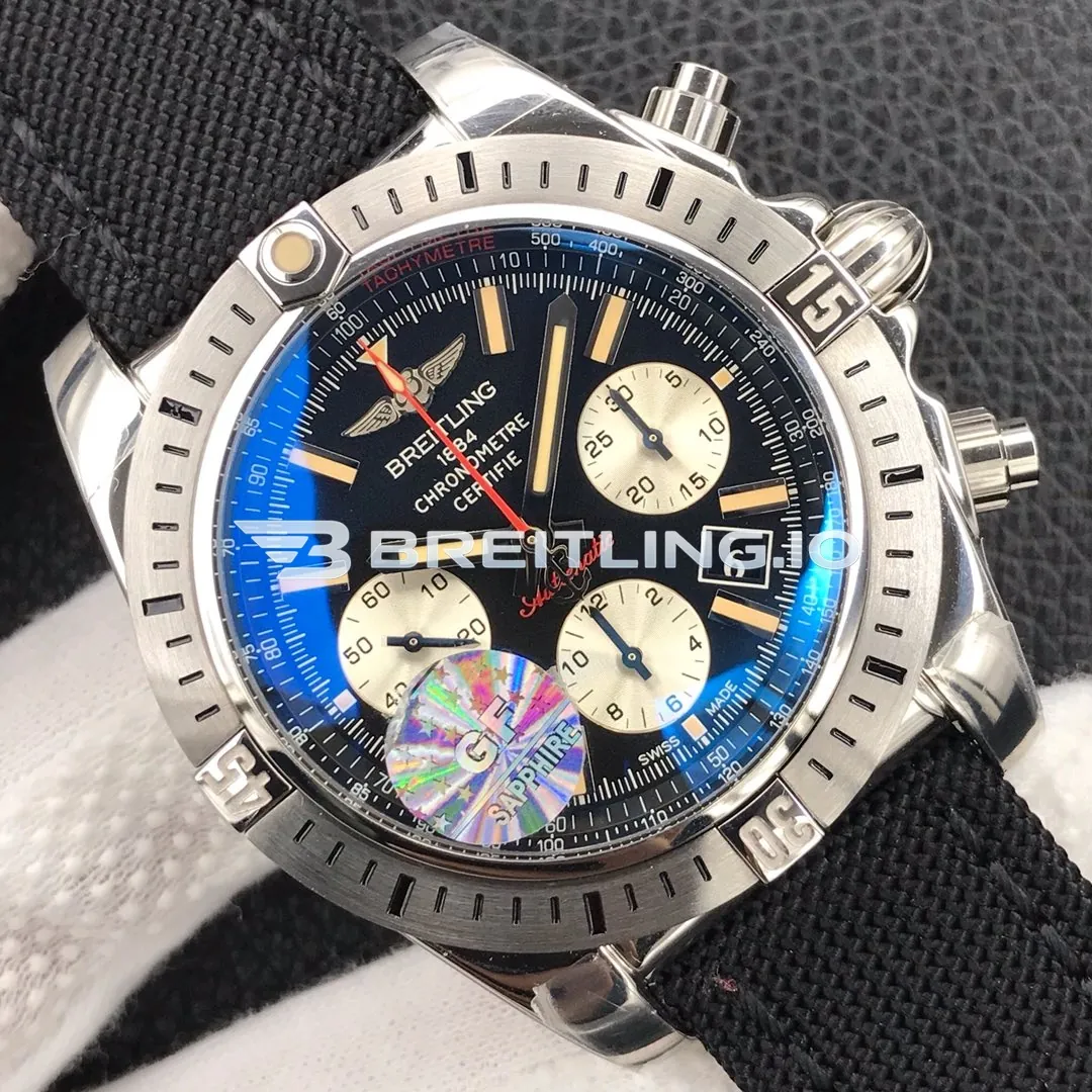 Breitling Chronomat AB01154GBD13101W Chronograph 44mm Black Dial Polished Stainless Steel Case Black Fabric Strap Super Clone Dial Detail 1