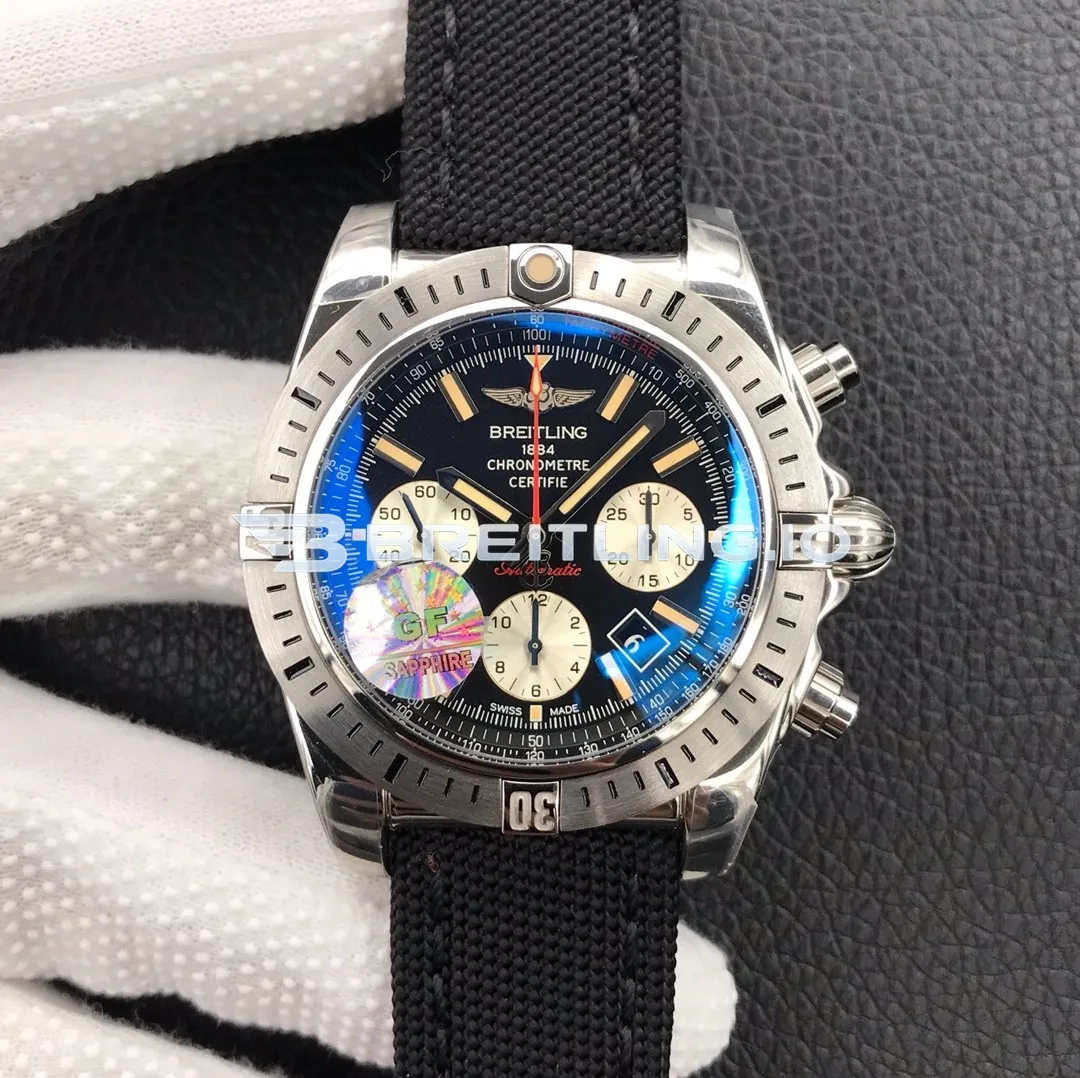 Breitling Chronomat AB01154GBD13101W Chronograph 44mm Black Dial Polished Stainless Steel Case Black Fabric Strap Super Clone Front View