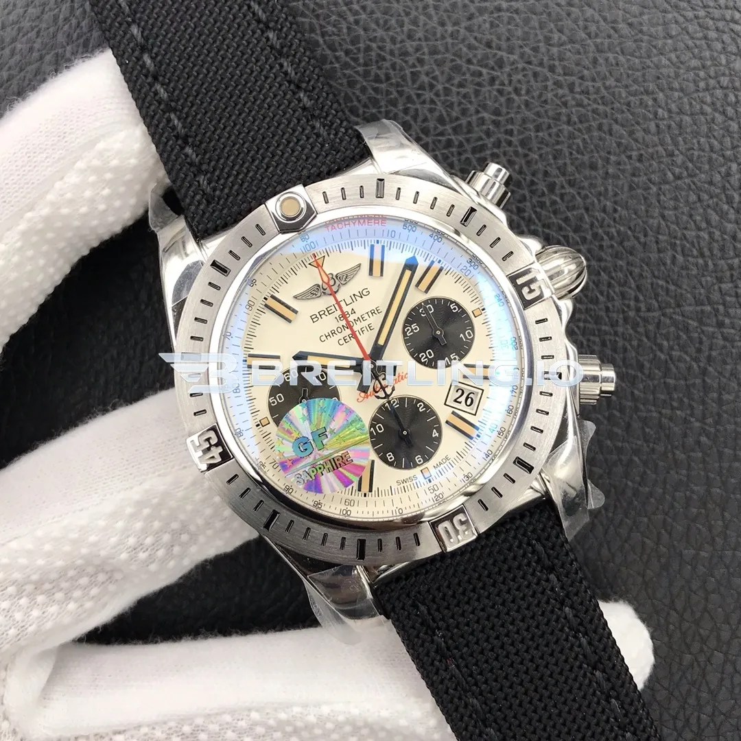 Breitling Chronomat AB01154GG786101W Chronograph 44mm Sierra Silver Dial Polished Stainless Steel Case Black Fabric Strap Replica Side View 1