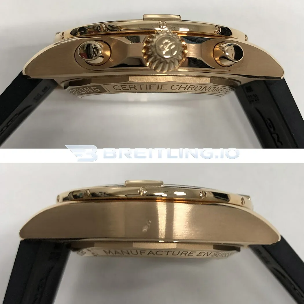 Luxury Breitling Chronomat B01 RB0134101B1S1 Replica 42mm Anthracite Dial 1:1 Clone Watch – Gold Plated Case Rubber Strap Right View And Left View