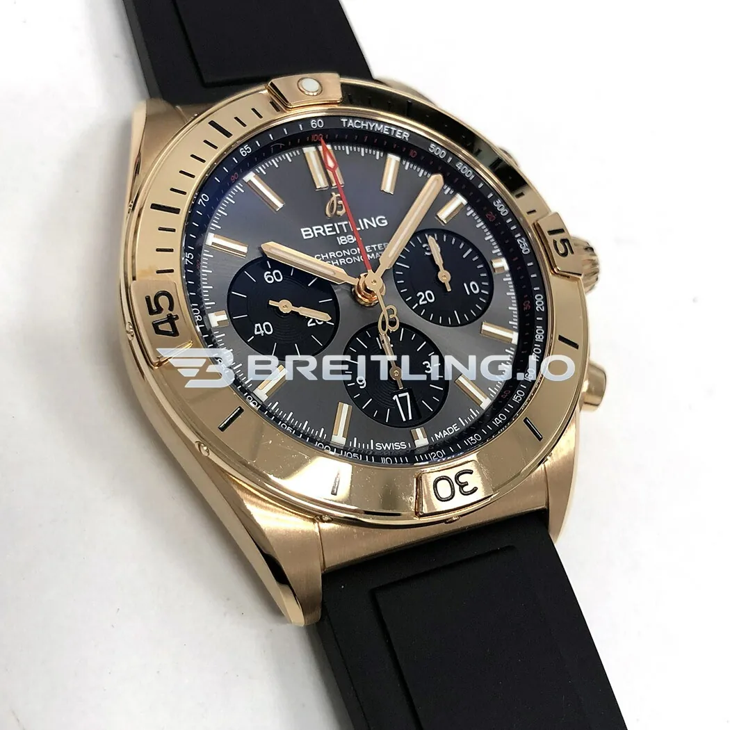 Luxury Breitling Chronomat B01 RB0134101B1S1 Replica 42mm Anthracite Dial 1:1 Clone Watch – Gold Plated Case Rubber Strap Dial Detail 1