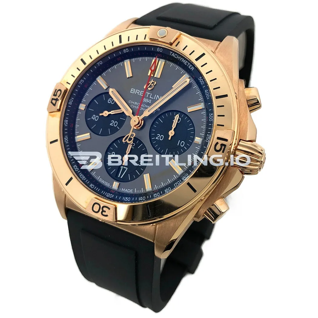 Luxury Breitling Chronomat B01 RB0134101B1S1 Replica 42mm Anthracite Dial 1:1 Clone Watch – Gold Plated Case Rubber Strap Side View