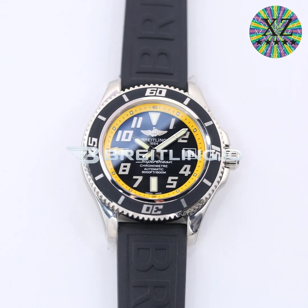 Breitling Superocean A1736402BA32 42mm Black Dial Yellow Inner Bezel Polished Stainless Steel Case Black Rubber Strap Automatic Replica Front View