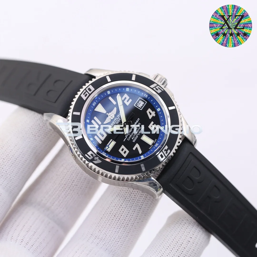 Breitling Superocean A1736402BA30 42mm Black Dial Deep Blue Inner Bezel Polished Stainless Steel Case Black Rubber Strap Replica Side View 1