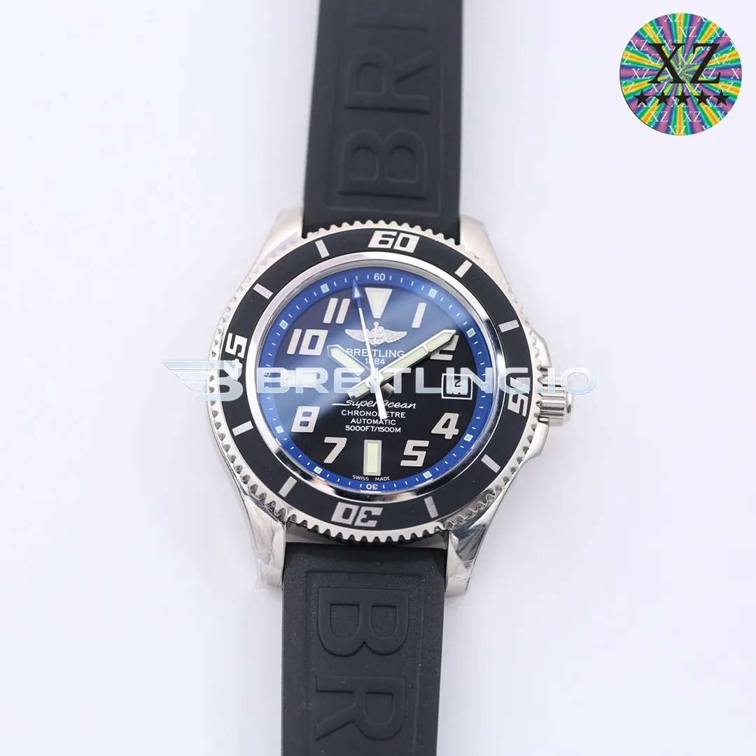 Breitling Superocean A1736402BA30 42mm Black Dial Deep Blue Inner Bezel Polished Stainless Steel Case Black Rubber Strap Replica Front View