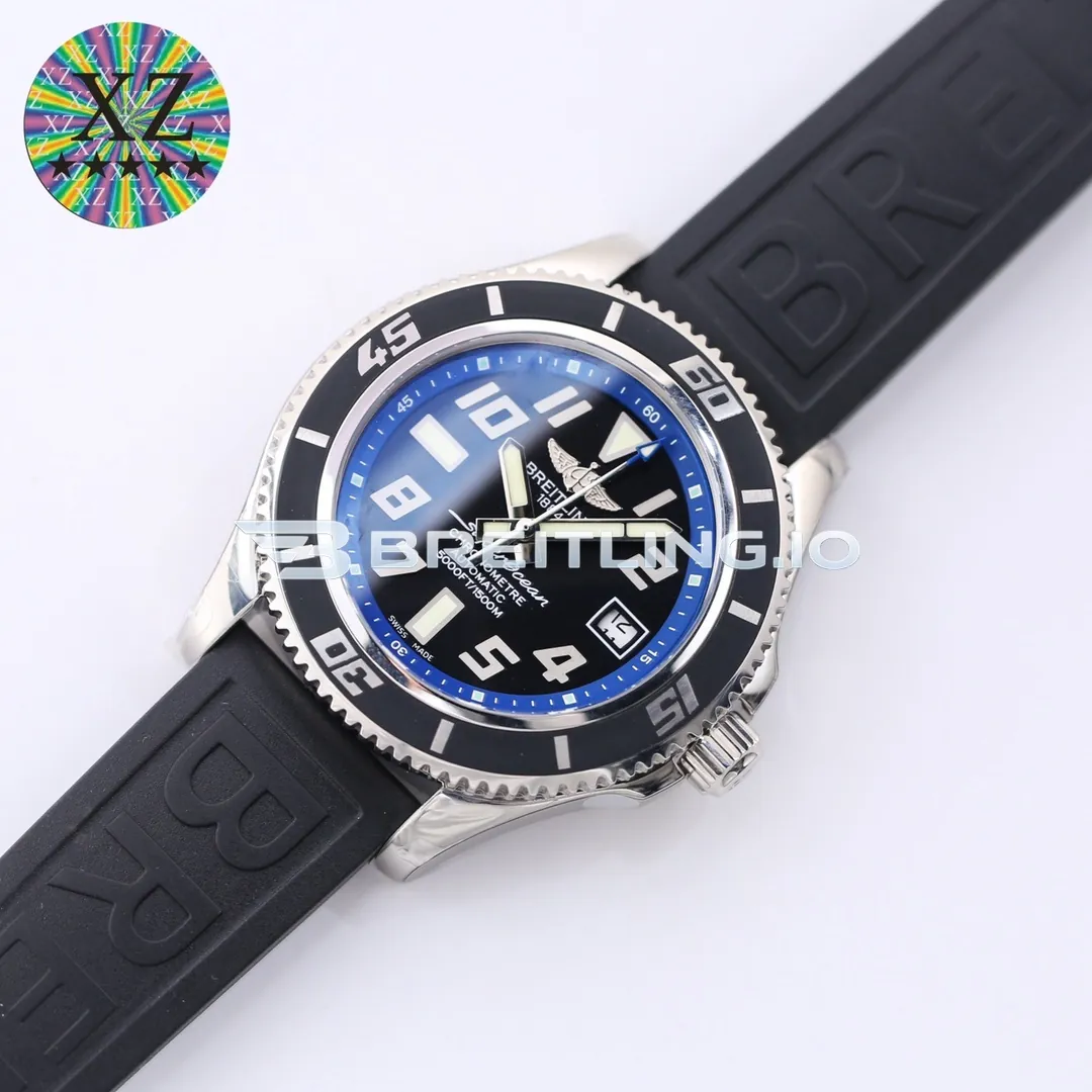 Breitling Superocean A1736402BA30 42mm Black Dial Deep Blue Inner Bezel Polished Stainless Steel Case Black Rubber Strap Replica Side View 2