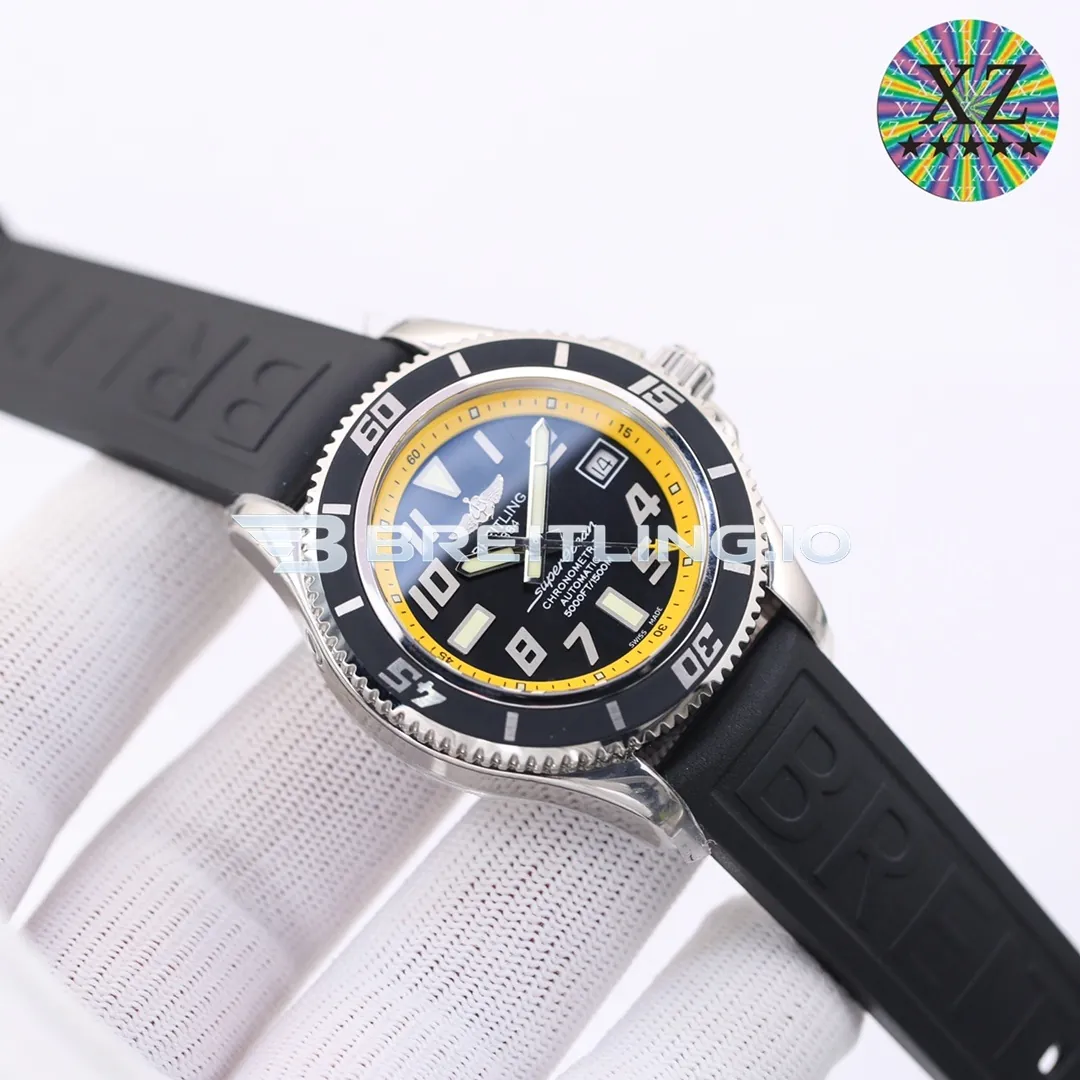 Breitling Superocean A1736402BA32 42mm Black Dial Yellow Inner Bezel Polished Stainless Steel Case Black Rubber Strap Automatic Replica Side View 1