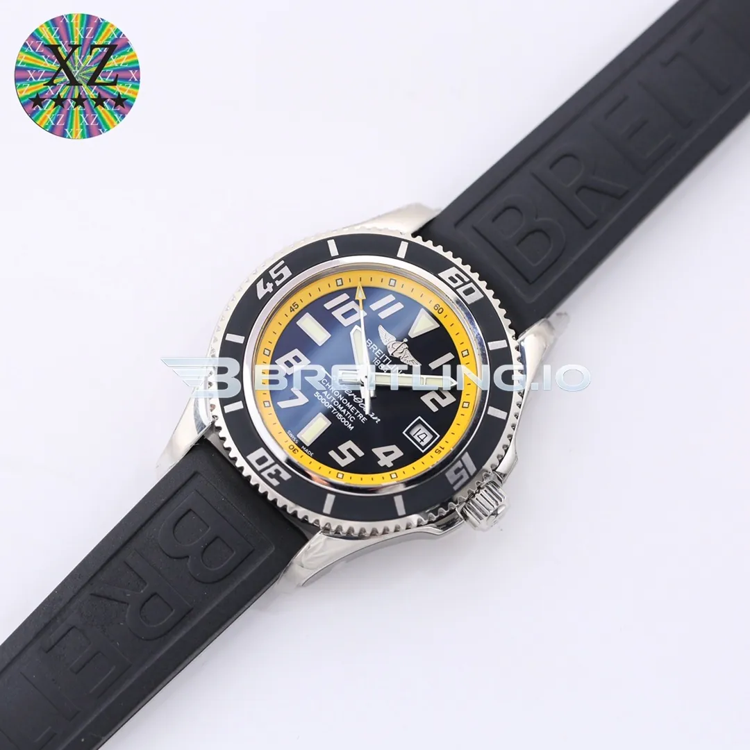 Breitling Superocean A1736402BA32 42mm Black Dial Yellow Inner Bezel Polished Stainless Steel Case Black Rubber Strap Automatic Replica Side View 2