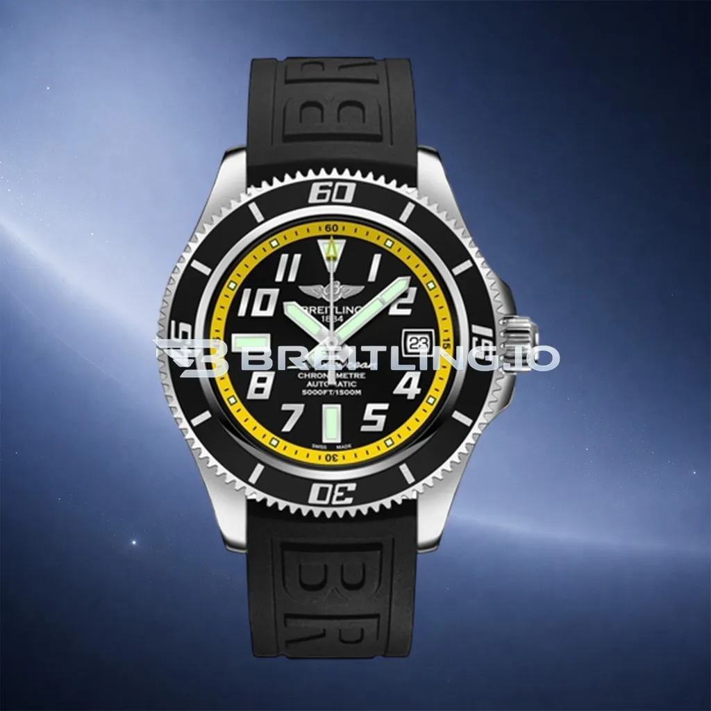 Breitling Superocean A1736402BA32 42mm Black Dial Yellow Inner Bezel Polished Stainless Steel Case Black Rubber Strap Automatic Replica First Image