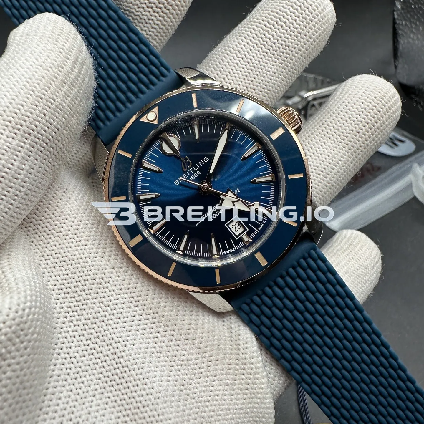 Breitling Superocean Heritage UB2010161C1S1 42mm Blue Dial Blue Ceramic 18K Rose Gold Bezel Two Tone Steel Case 2824 Automatic Replica Side View 1