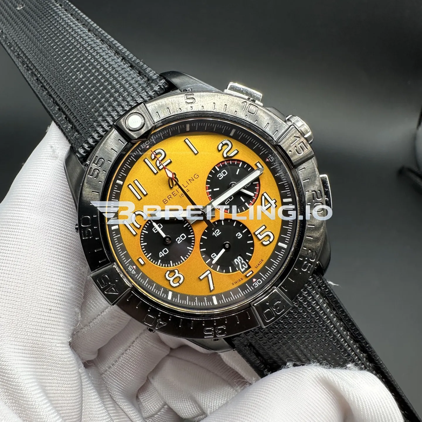 Breitling Avenger SB0147101I1X2 44mm Yellow Dial Matte Black Ceramic Bezel Black Woven Rubber Strap Chronograph Replica Side View 1