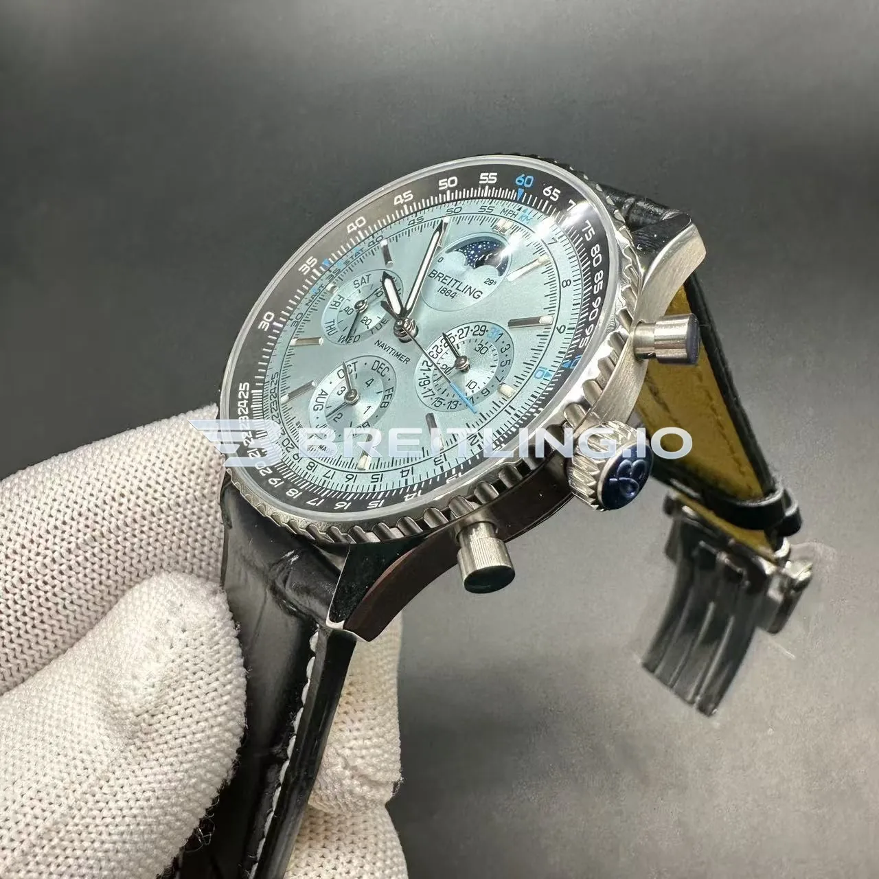 Breitling Navitimer PB1920251C1P1 43mm Ice Blue Sunburst Dial Stainless Steel Case Black Leather Strap Chronograph Replica Dial Detail 2