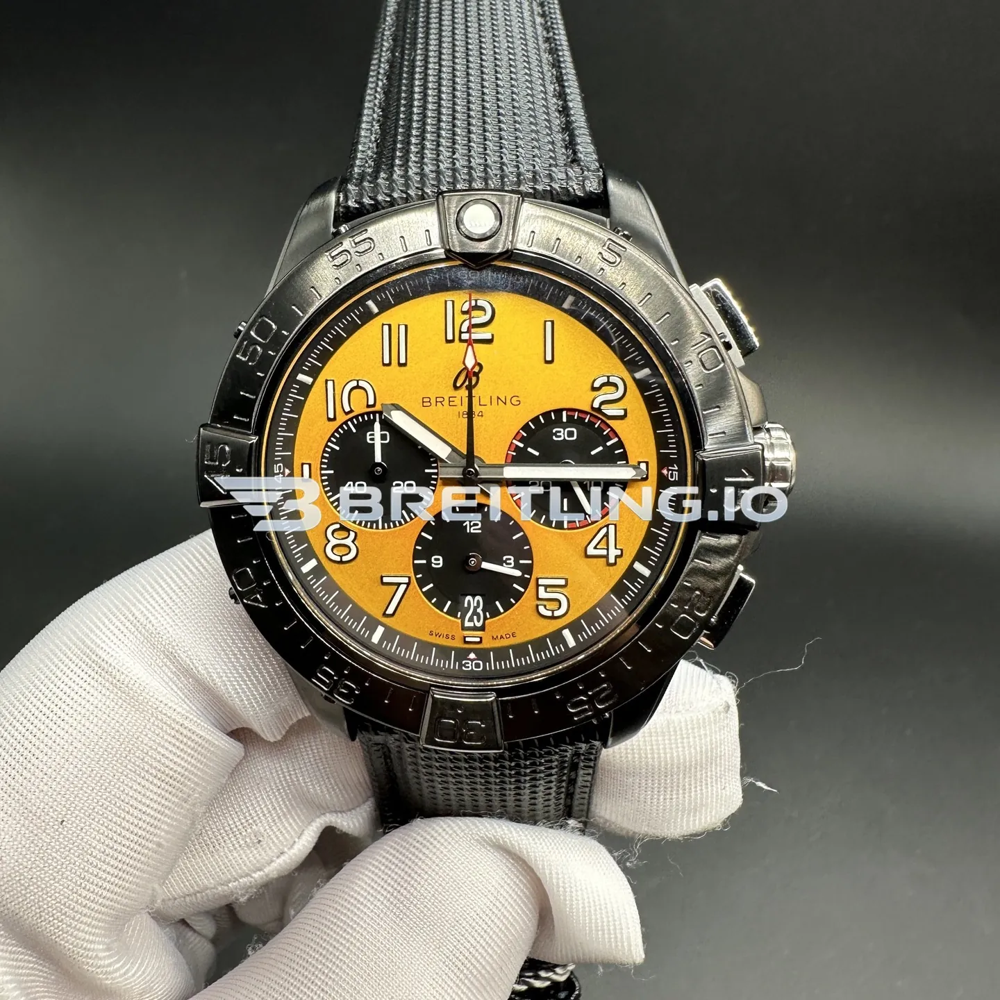 Breitling Avenger SB0147101I1X2 44mm Yellow Dial Matte Black Ceramic Bezel Black Woven Rubber Strap Chronograph Replica Front View
