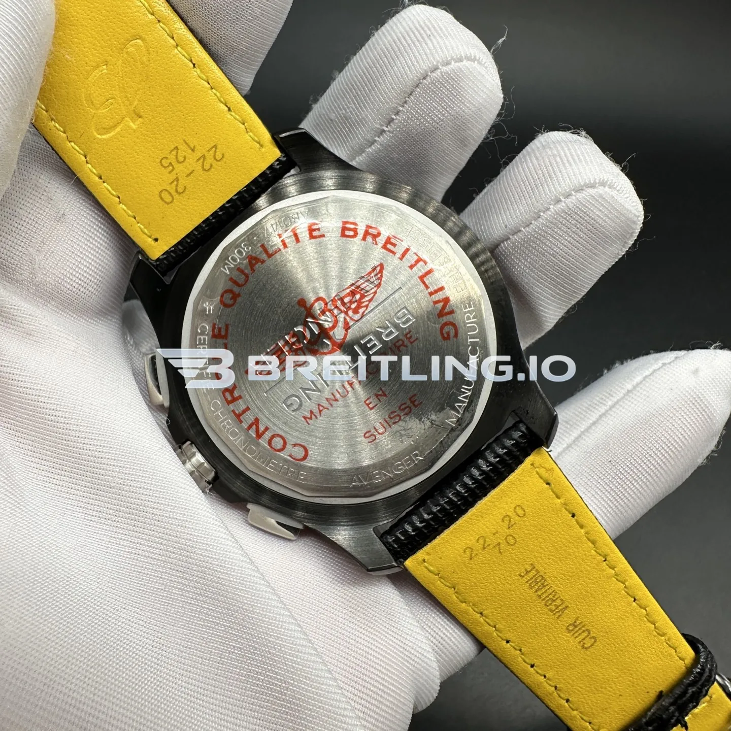 Breitling Avenger SB0147101I1X2 44mm Yellow Dial Matte Black Ceramic Bezel Black Woven Rubber Strap Chronograph Replica Back View