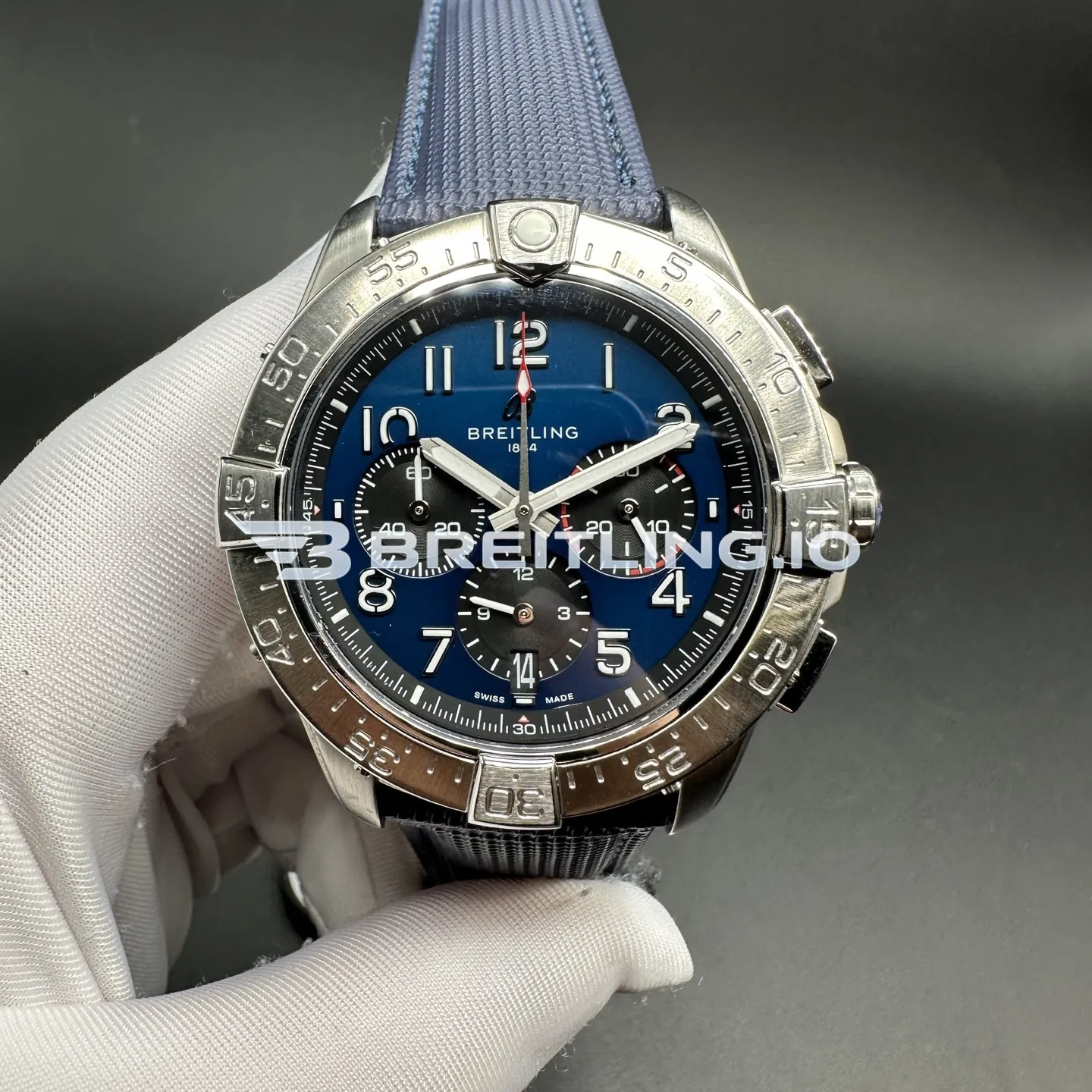 Breitling Avenger AB0146101C1X1 42mm Dark Blue Dial Brushed Stainless Steel Case Blue Fabric Strap Chronograph Replica Front View